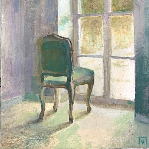 Oil painting by artist Pavlina Vagioni. An interior space with a Louis XV empty Veronese green chair in front of a balcony door with glass rectangular panels. Ivory beige floor and light purplish walls. The view outside is undefined.