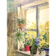 Oil painting depicting an interior with a half open window with hanging plants and flower pots on the window sill.