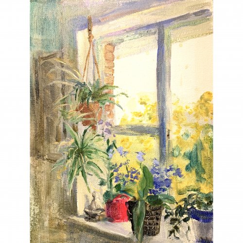 Oil painting depicting an interior with a half open window with hanging plants and flower pots on the window sill.