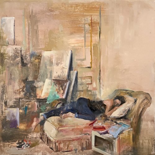 Oil painting depicting a woman slumbering on a recliner with a pair of tennis shoes on the floor and canvas paintings in the background. A side table with books on the foreground.