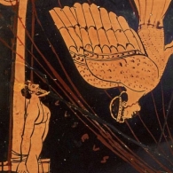 Odysseus, wreathed and bearded, is fastened against the bottom of his ship's mast, facing the stern, with his arms behind his back lashed to it. His head is thrown back, looking upwards towards the Sirens. The Sirens are represented as birds with woman's heads, their hair looped up with a dotted headband, a single tress hanging beside the ear . A Siren flings herself down from the edge of a cliff, and falls headlong with closed eyes, as though already dead.