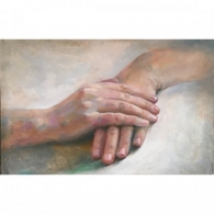 Oil painting with a depiction of a pair of hands in the middle. One hands rests on top of the other. Pastel colour palette.