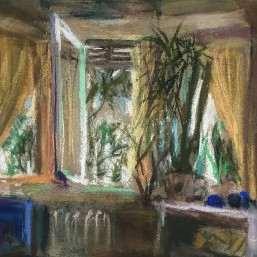 Pastel drawing of an interior with bay windows.