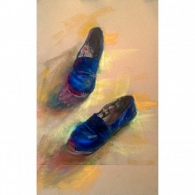 Soft pastel drawing of blue shoes with colorful shadows and view from above.