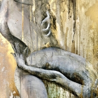 Detail of a mixed media painting by artist Pavlina Vagioni with a gold background and black and white monochromatic nude female body fragments. Dripping paint effects with gold paint reflections.