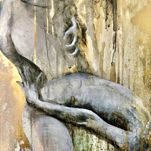 Detail of a mixed media painting by artist Pavlina Vagioni with a gold background and black and white monochromatic nude female body fragments. Dripping paint effects with gold paint reflections.