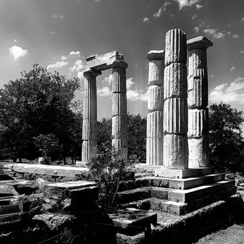samothrace black and white archaeological site landscape