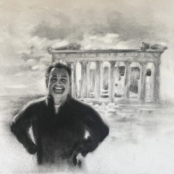 monochromatic black and white drawing of a man smiling in front of the Parthenon of Athens, Greece.