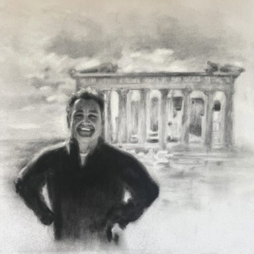 monochromatic black and white drawing of a man smiling in front of the Parthenon of Athens, Greece.