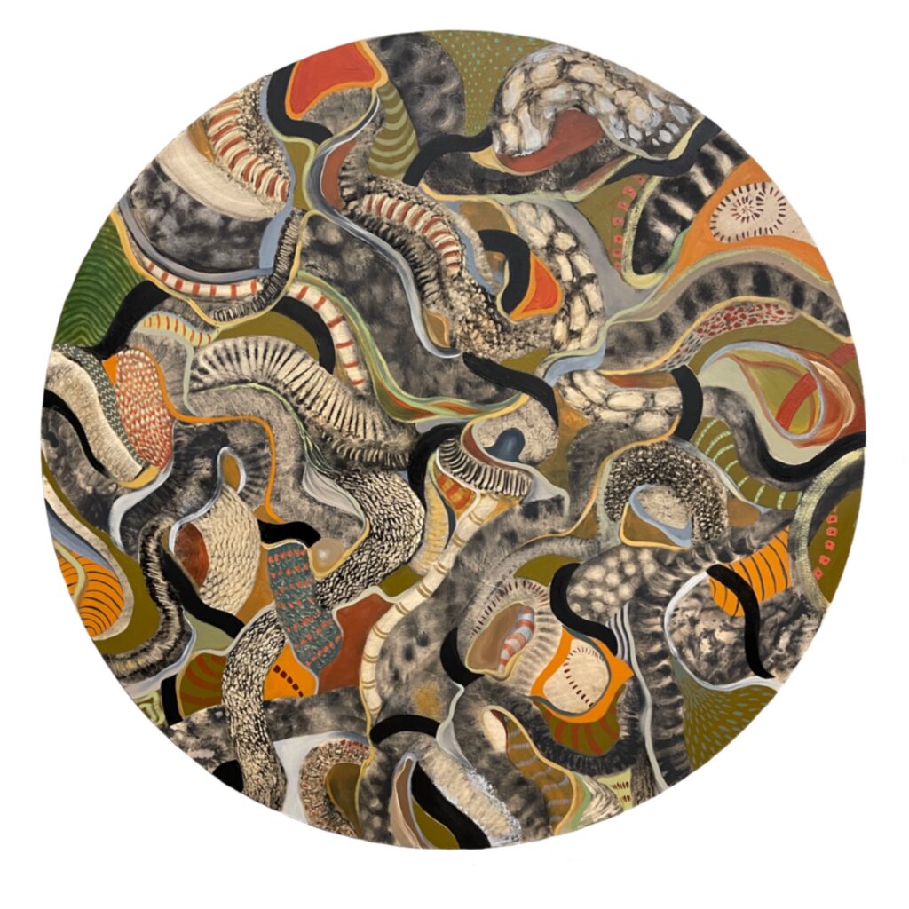 A round painting depicting snakes and other swirling forms in an earth-tone color palette.