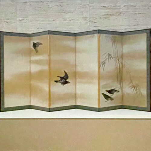 A six-fold Japanese screen depicting four crows