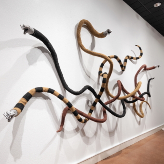 Installation of several long striped rope sculptures twisting along a white gallery wall.