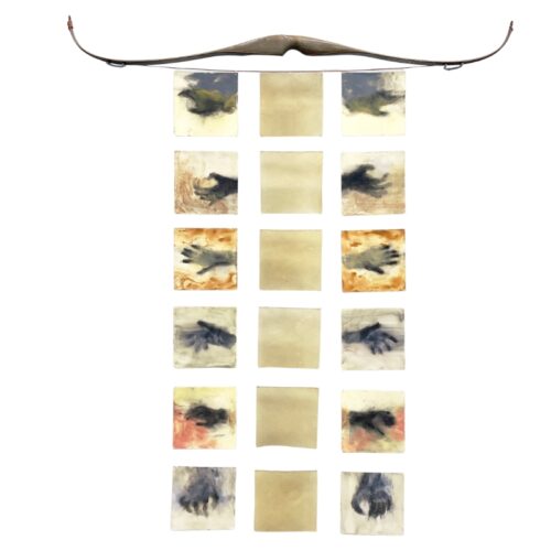 Decorative wall hanging with a curved bow above a grid of 15 small fabric squares in beige and watercolor patterns.