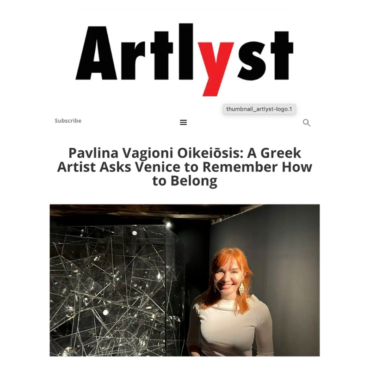 Portrait of a woman artist in a gallery beside a tangled string-network installation (Artlyst article header).