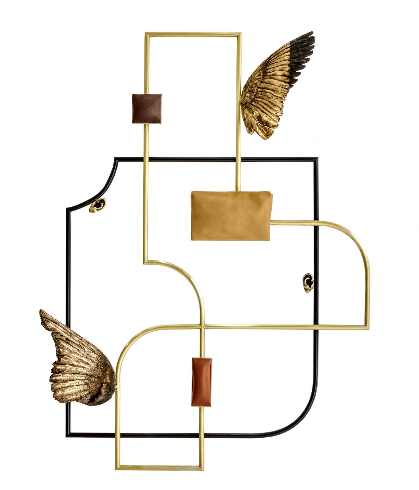 A geometric wall sculpture with organic line and curvature, bronze leather and wing elements.