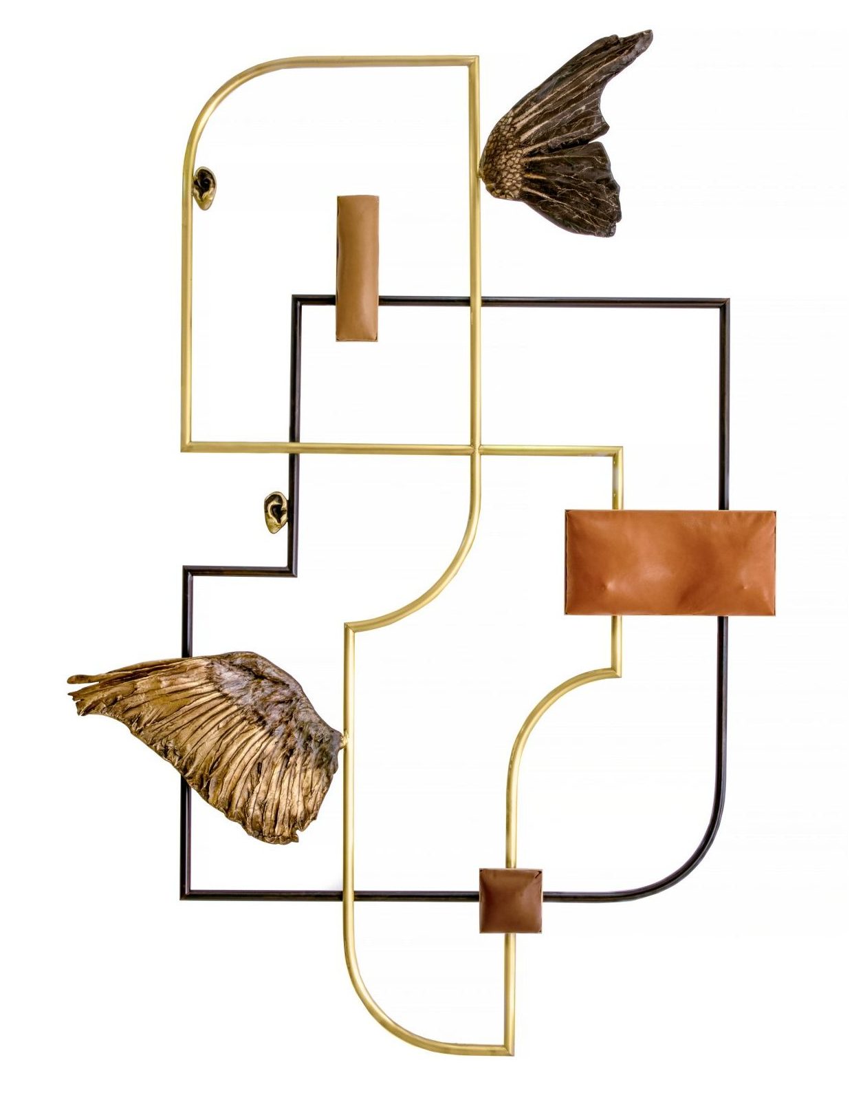 A geometric wall sculpture with organic line and curvature, bronze leather and wing elements.