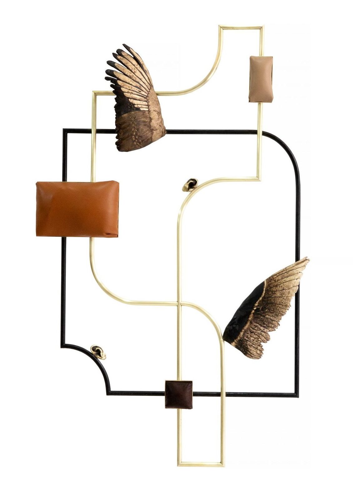 A geometric wall sculpture with organic line and curvature, bronze leather and wing elements.