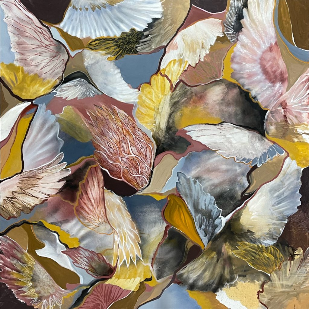 Colorful painting with lines and bird wings