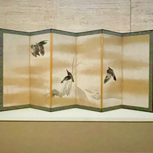 A six-fold Japanese screen depicting four crows