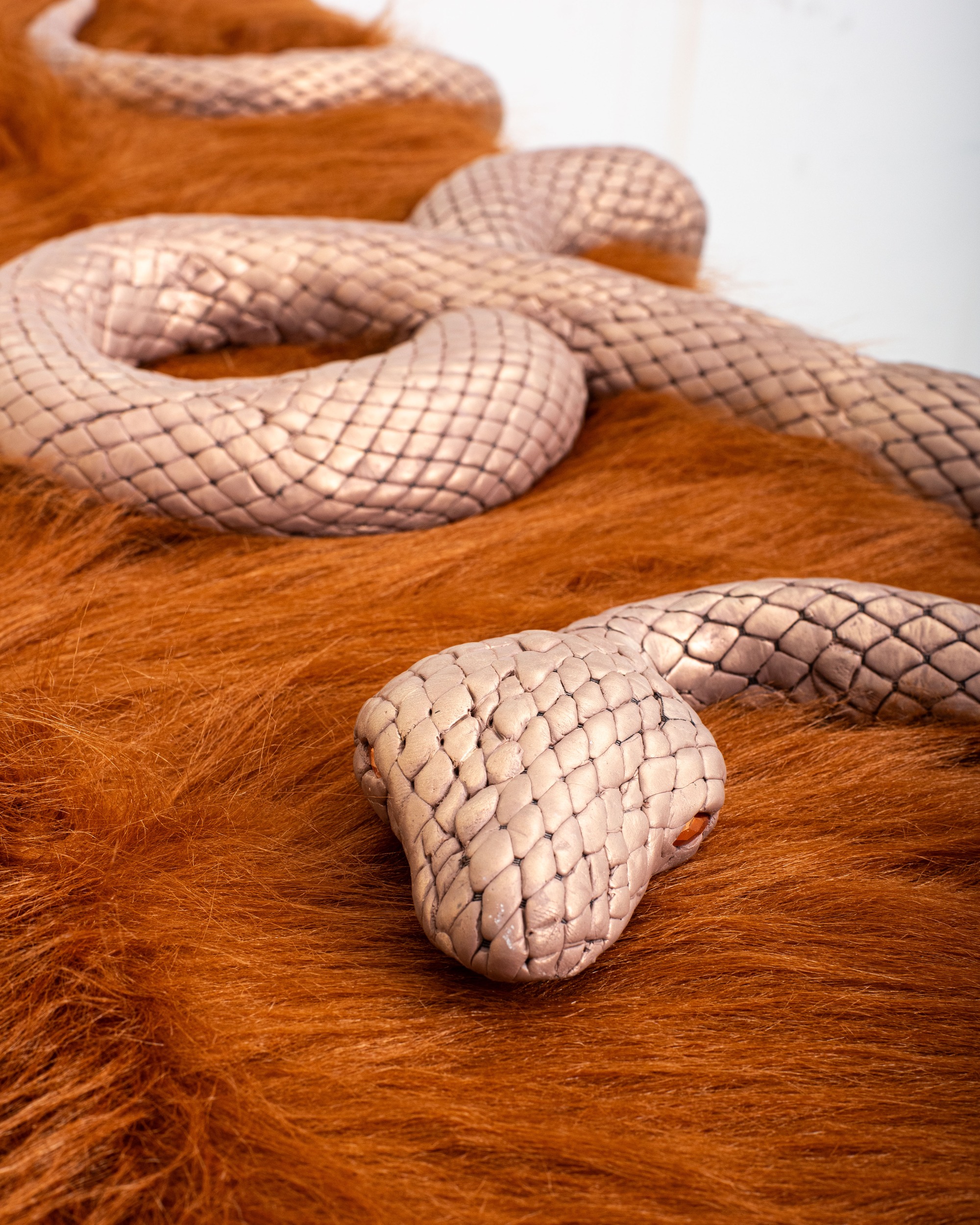 Close-up of beige braided snake-skin cords resting on orange-brown fur backdrop.